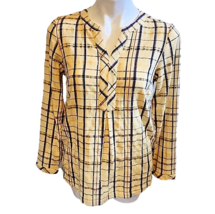 Small Petite Christopher and Banks Yellow Blue Check Plaid Blouse Notch ... - £19.42 GBP