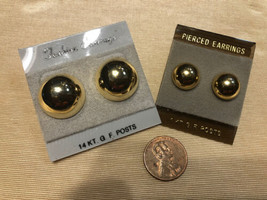 2 Vintage Domed Button 1” &amp; 1/2” Earrings Gold Plated Made In USA New Quality - £17.49 GBP