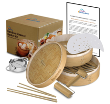 Bamboo Steamer basket Kit 10&quot; W Lid Dumpling Maker Handmade Cookware 2 Tier NEW - £44.31 GBP