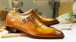 Bespoke Handmade Mustard Single Monk Shoes, Dress Brogue Toe Shoes, - $219.03 CAD+