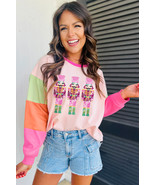 Pink Christmas Sequin Nutcracker Graphic Colorblock Long Sleeve Top - $23.74 CAD