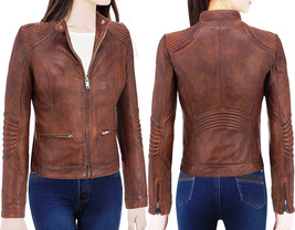 Women&#39;s Latest Cafe Racer Moto Biker Distress Brown Vintage Real Leather Jacket - £95.61 GBP
