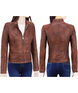 Women&#39;s Latest Cafe Racer Moto Biker Distress Brown Vintage Real Leather... - $119.99