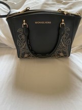 Michael Kors Ellis Satchel Black Leather w/Gold Stud FLORAL Design Handbag - £110.03 GBP