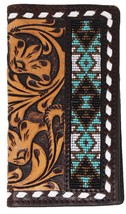 Men&#39;s Western Antique Floral Tooled Leather Beaded Inlay Rodeo Wallet 18... - $46.52