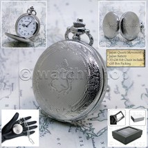 Pocket Watch Silver Color 42 MM Vintage Design Arabic Numbers Dial Fob Chain 191 - £16.05 GBP