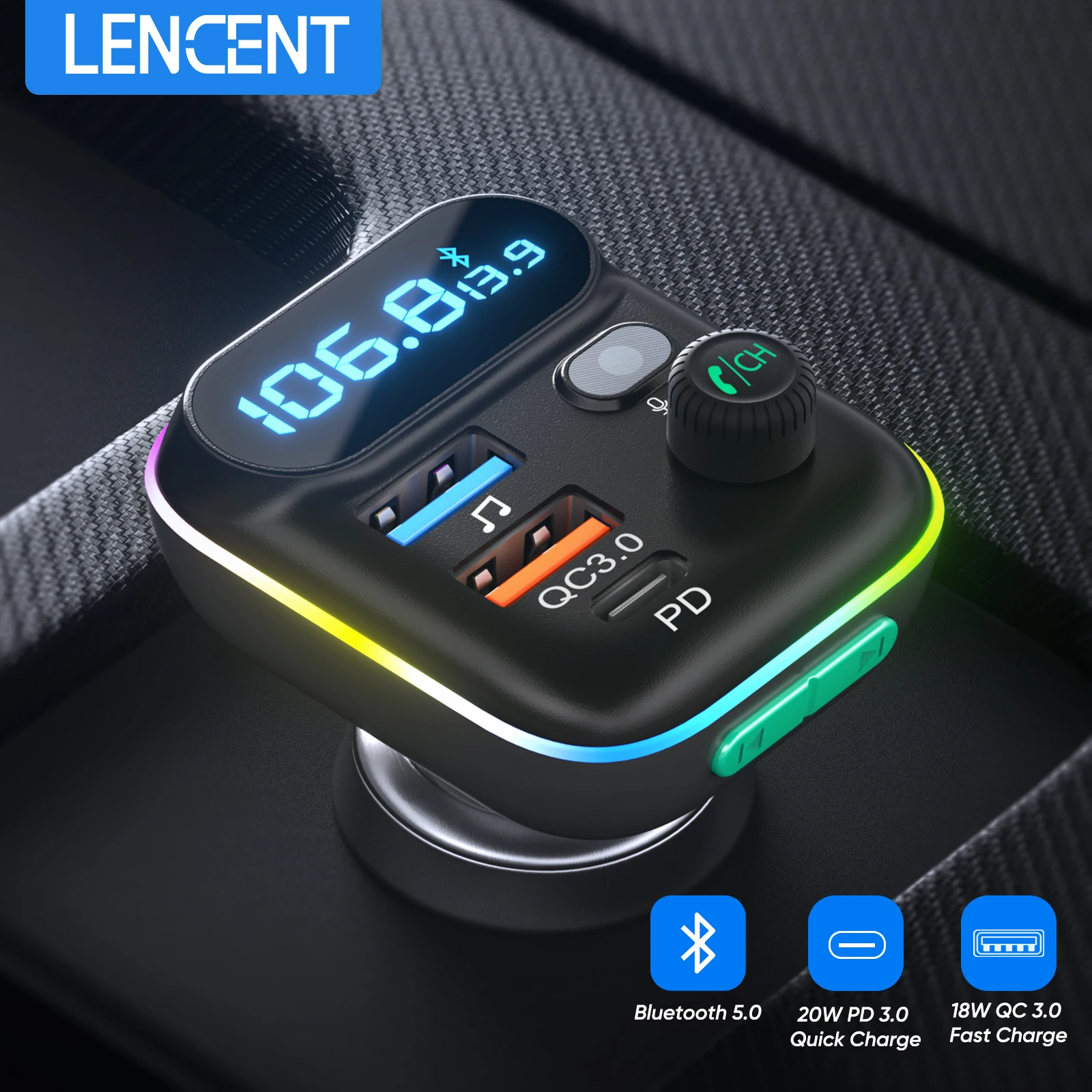 LENCENT FM Transmitter Wireless Bluetooth 5.0 Radio Car Kit  with Type-C PD + - £12.65 GBP