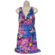 London Times Sheath Dress 4 Pink Blue Floral V Neck Ruffles Tiered Sleev... - $27.72