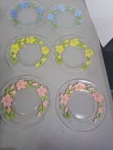 Clear Glass 6” Luncheon Plates Hand Painted Flowers Set of 6 - £31.09 GBP