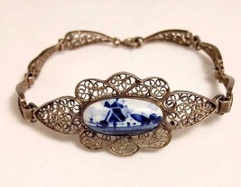 Dutch 800 Silver Filigree Bracelet With Delft Porcelain Insert Sky - $57.03