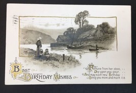 Antique Happy Birthday Greeting Card Posted 1913 Boat River Landscape Germany - £8.96 GBP