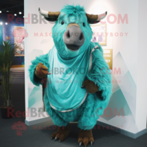 Turquoise Woolly Rhinoceros mascot costume character dressed with a Waistcoat an - £917.92 GBP