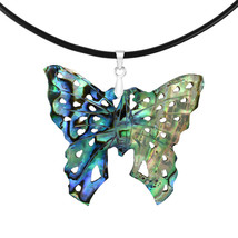 Renewed Butterfly Abalone Shell and Sterling Silver Bail Rubber Cord Necklace - £13.66 GBP
