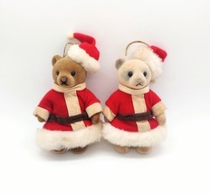 2 Vintage Flocked Santa Teddy Bear Christmas Ornaments White Brown  - £9.37 GBP