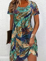 Blue Green Yellow Frond Print Short Sleeve Dress Women’s Plus Size 2XL - $20.53 CAD