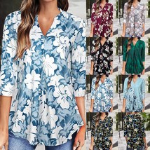  Womens Floral 3/4 Sleeve Tunic Tops Ladies V-Neck Casual Loose Blouse Pullover - £14.60 GBP