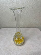 Joe St Clair Glass Paperweight Vase Yellow Trumpet Flowers Signed 8.5&quot; - £18.82 GBP