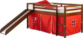Twin, Light Espresso/Red Donco Kids Low Loft Bed With Slide And Tent. - £381.33 GBP