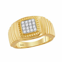 10k Yellow Gold Mens Round Diamond Square Cluster Ribbed Accent Ring 3/8 Cttw - £828.40 GBP