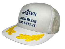 Vintage Hasten Real Estate Hat Cap Snap Back White Mesh Trucker Gold Leaves Mens - £15.81 GBP