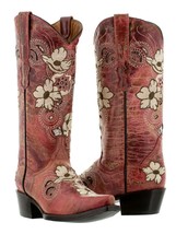 Womens Red Beige Flower Embroidered Leather Cowboy Cowgirl Boot Distressed Rodeo - £86.32 GBP