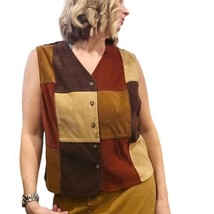 90s Large Faux Suede Patchwork Vest Earth Tones Brown Tan Burgundy - $38.61