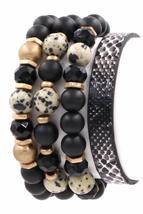 High Secret Dalmatian Stone Wood Bead and Faux/Leather Bracelet Set (Black) - £15.84 GBP