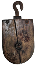 Vintage Wooden Barn Pulley Block Tackle Wood Wheel Steel Hook 10x5&quot; Rust... - $49.99