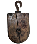 Vintage Wooden Barn Pulley Block Tackle Wood Wheel Steel Hook 10x5&quot; Rust... - $68.58 CAD