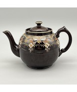 Brown Betty Redware Round Moriage Teapot Floral Brown Hand Painted Engla... - $24.74