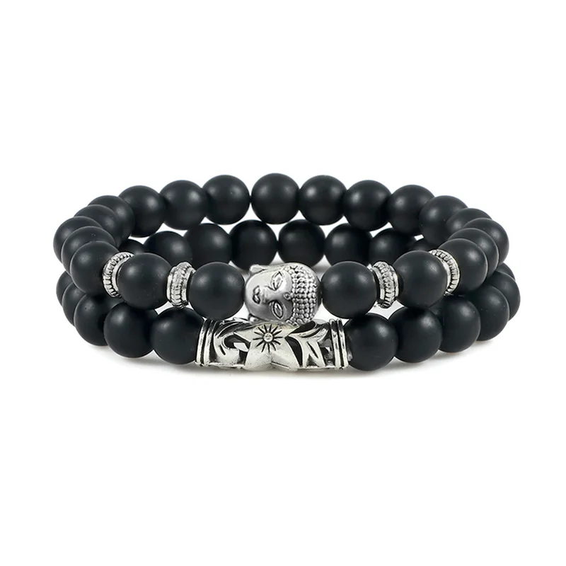 2pcs/set Buddha Head Bracelet for Women Men Natural Tiger Eye Lava Stone Yoga Be - £16.55 GBP