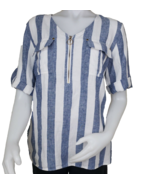 Ellen Tracy Linen Top Womens M Blue Stripe Zip Roll Tab Sleeve Lagenlook... - $18.22