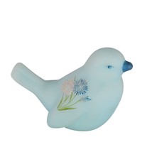 Fenton Painted Blue Satin Glass Bird Figurine Floral Design Signed Pam M... - £46.34 GBP