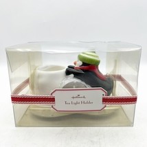 Tea Light Holder Hallmark Christmas Ceramic Penguin Snowball 8&quot; Long NEW IN BOX - £7.91 GBP
