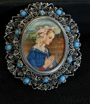 Hand Painted Vint. Miniature Filigree Setting Dual Use Brooch &amp; Pendant w Chain - £373.94 GBP