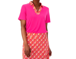 Susan Graver Liquid Knit Split-Neck Collared Top Printed Combo Carnival Pink XXS - £14.80 GBP