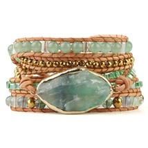 Boho Chic Multilayer Leather Wrap Bracelet with Green Fluorite Crystal and Avent - £22.51 GBP