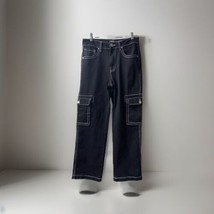 Telepatia  Wide Leg Cargo Jeans Juniors 9/29  Black White Stitch Pockets Hip Hop - £19.35 GBP