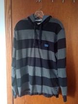 LL Bean Hoodie Mens Medium Gray Striped Sweatshirt Rugby Pullover Cotton... - $17.50