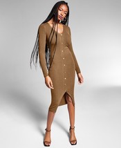 MSRP $100 Jeannie Mai Inc Rib Button-Detail Midi Sweater Dress Beige Size Medium - £24.07 GBP