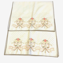 2 Cotton Floral Towel Embroidered Towels Runners Mats 19x12 Peach Sage Green - $24.97