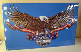 HARLEY-DAVIDSON 18&#39; L X 11&quot; H 2015 Blue Tin Sign w/Eagle And U.S. Flag - £15.53 GBP
