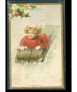 Vintage Dennisons Postcard Christmas Child Sledding 1909 Cancel Holly Snow - $14.84