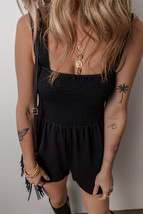 Black Smocked Bust Textured Knit Sleeveless Romper - $327.98 MXN