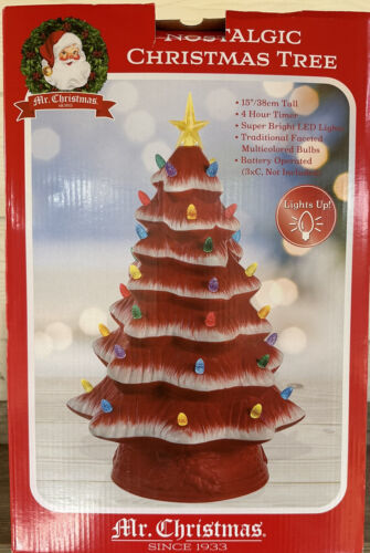 Mr. Christmas 15" Nostalgic Ceramic Red & White Tree Holiday 34 LED Bulbs NEW - $74.99