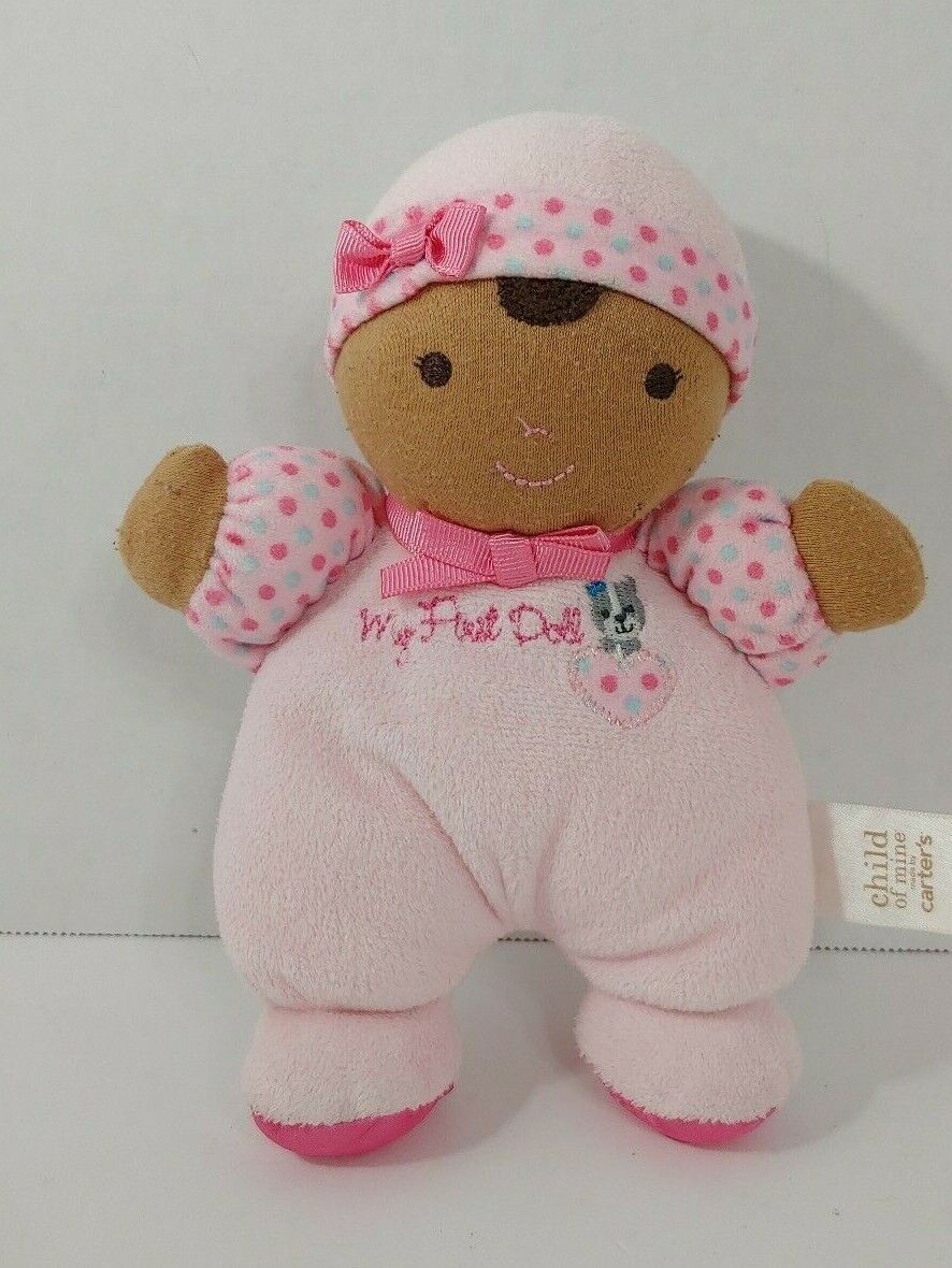 Carters Child of Mine My First Doll Brown Plush pink heart dots dog rattle AA - $20.78
