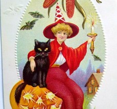 Halloween Postcard Fantasy Witch Vampire Bats Candle Black Cat Stecher 1913 - £77.51 GBP