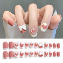 Pearl Heart Press on Nails Short French Tip, False Nails Designs with Love Bow F - £11.35 GBP