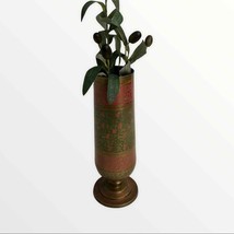 Vintage Etched Enamel Brass Footed Urn/Vase Red and Green Floral - $33.02