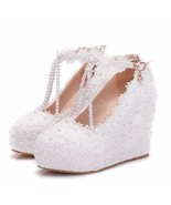 New Fashion Woman Wedding Shoes Pumps Sweet White Flower Lace Pearl Plat... - £68.44 GBP